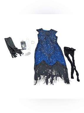 Womens Vintage Lace Fringed Gatsby 1920s Cocktail Dress with 20s Accessories Set